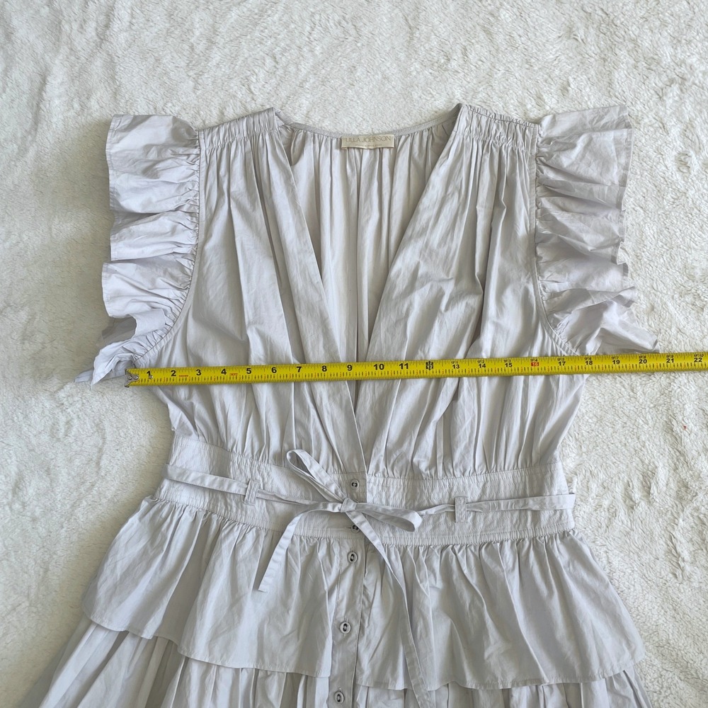 Ulla Johnson Sena Tiered Flutter-Sleeve Ruffle Dress in Dove Light Gray Size 10 - Picture 10 of 13